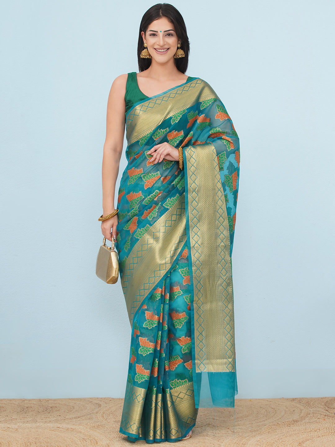 Banarasi Organza Saree with Golden Zari Border - Teal Blue