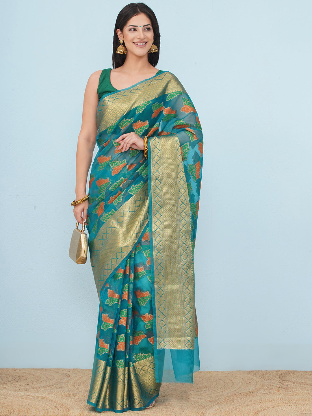 Banarasi Organza Saree with Golden Zari Border - Teal Blue
