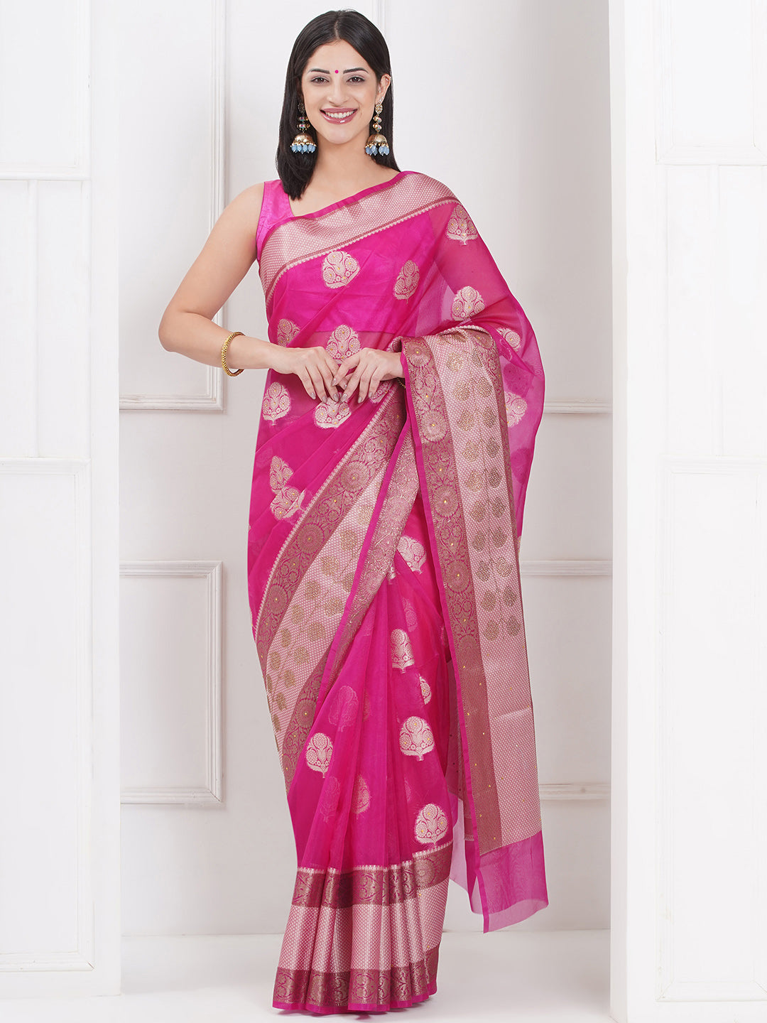 Banarasi Organza Broad Border Saree - Rani Pink