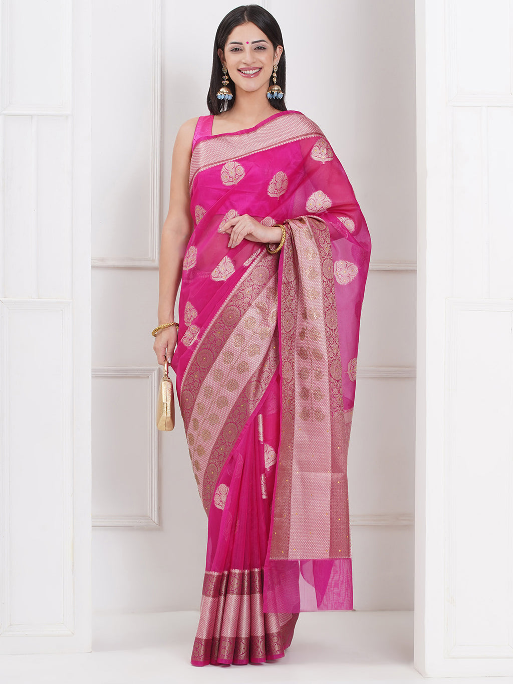Banarasi Organza Broad Border Saree - Rani Pink