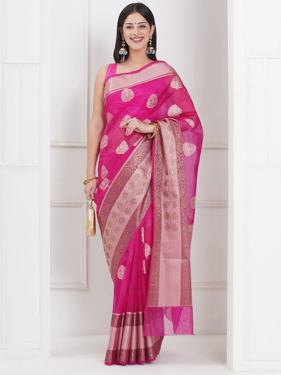 Banarasi Organza Broad Border Saree - Rani Pink