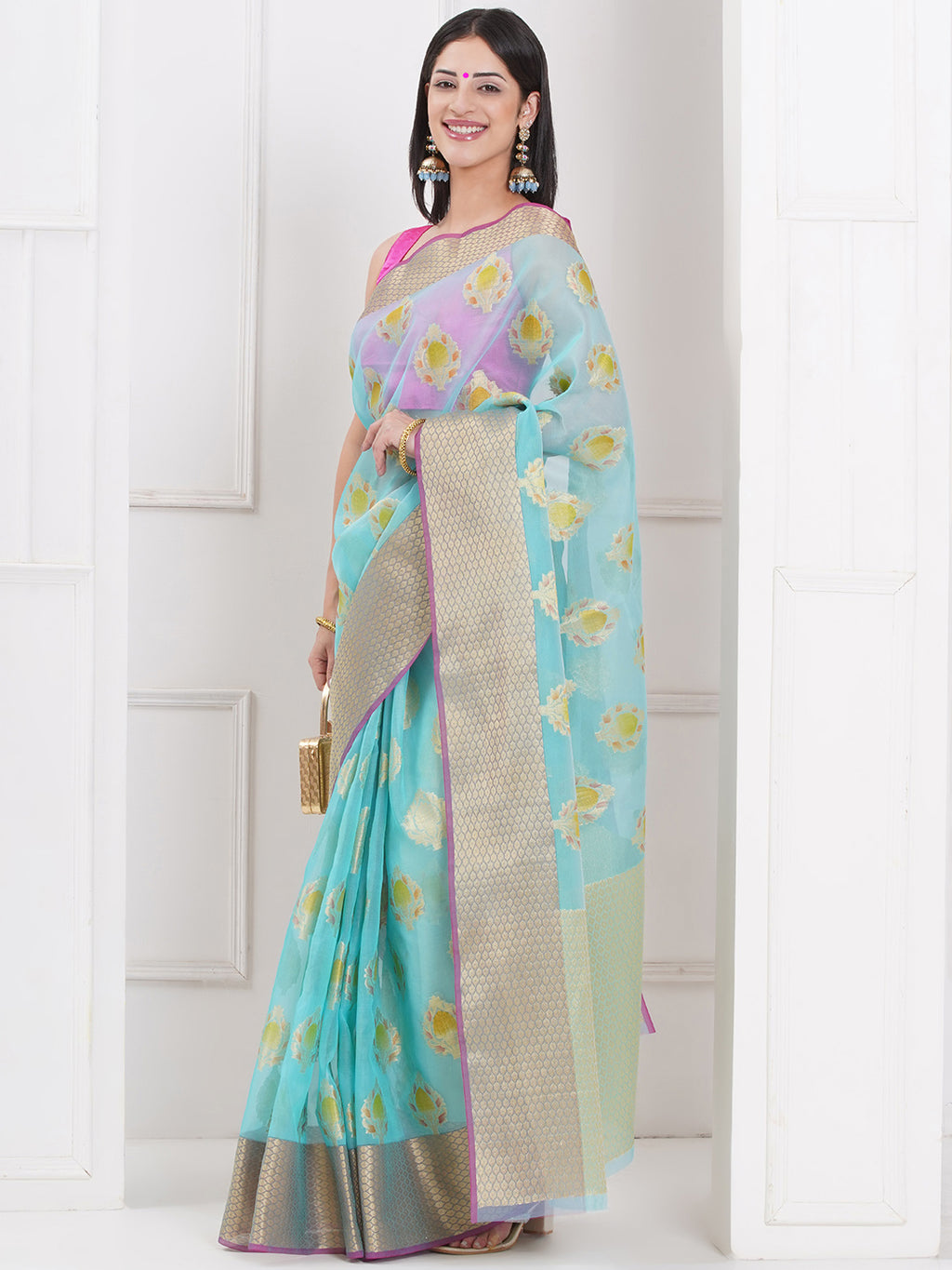 Banarasi Organza Saree with Golden Zari Border - Sky Blue