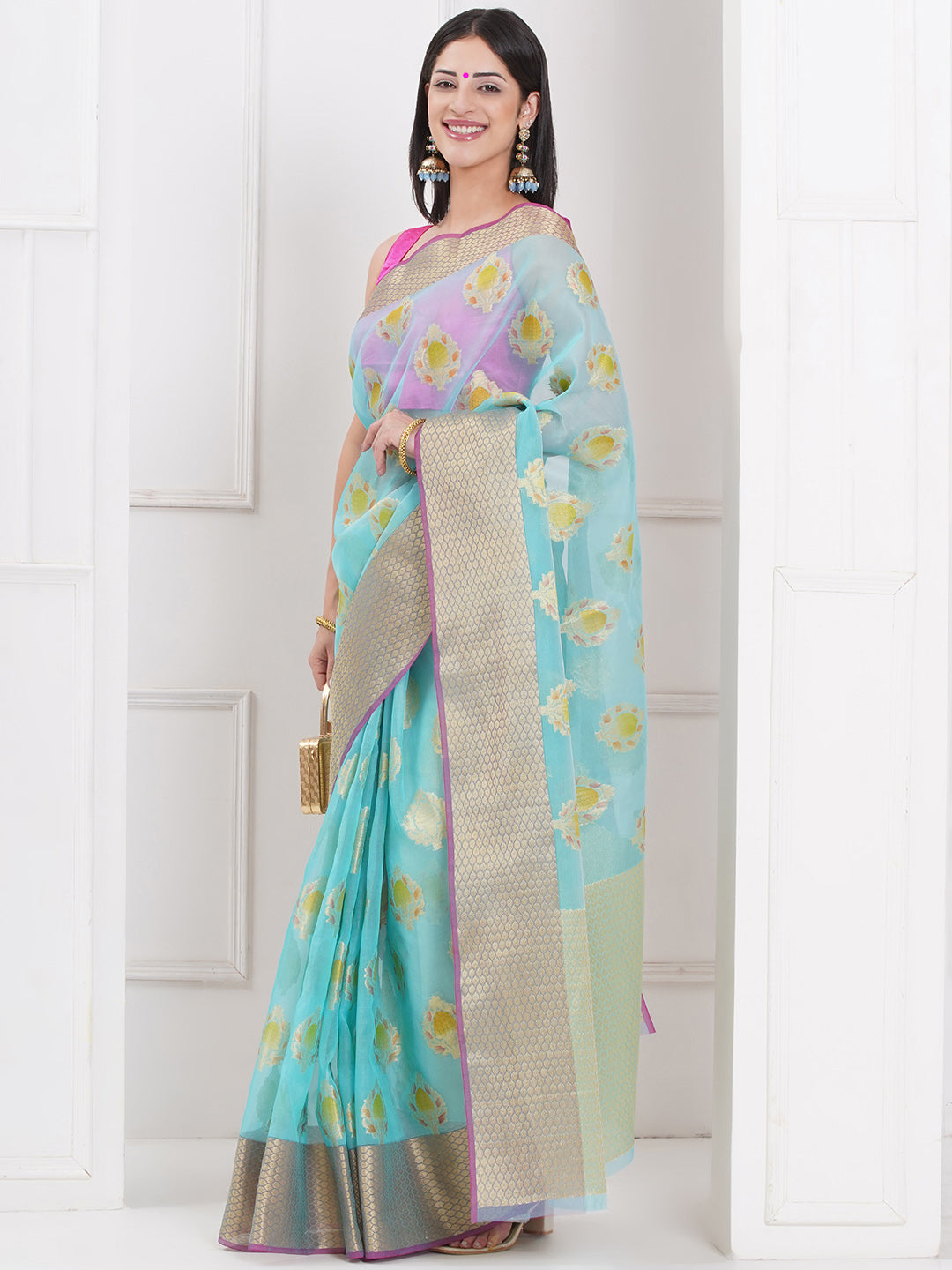 Banarasi Organza Saree with Golden Zari Border - Sky Blue