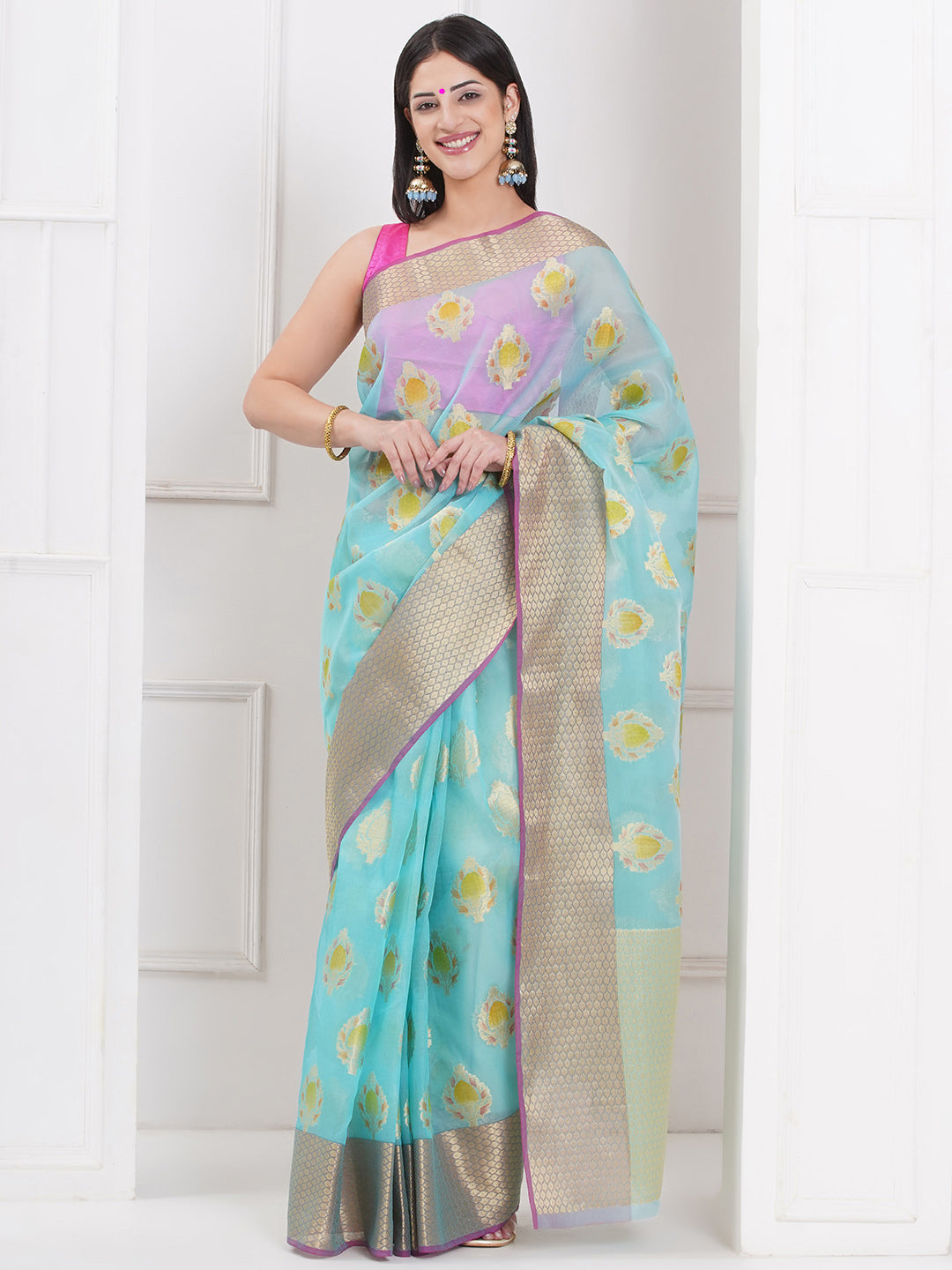 Banarasi Organza Saree with Golden Zari Border - Sky Blue