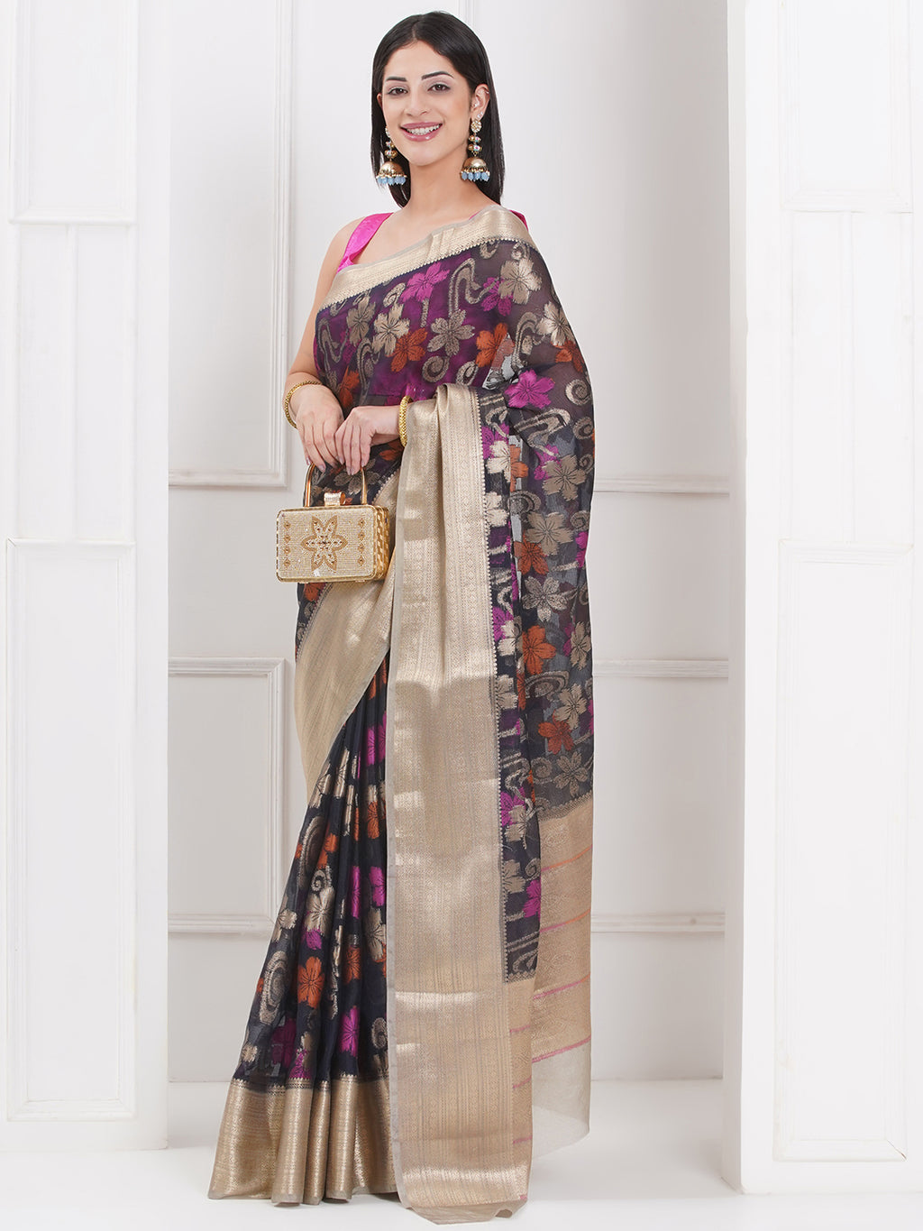 Banarasi Organza Saree With Golden Zari Border - Black