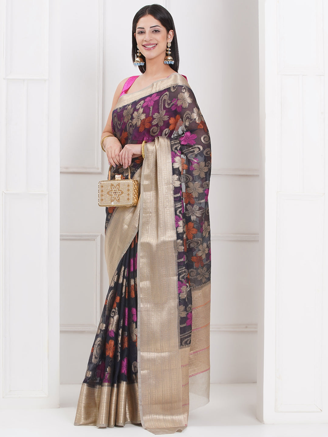 Banarasi Organza Saree With Golden Zari Border - Black
