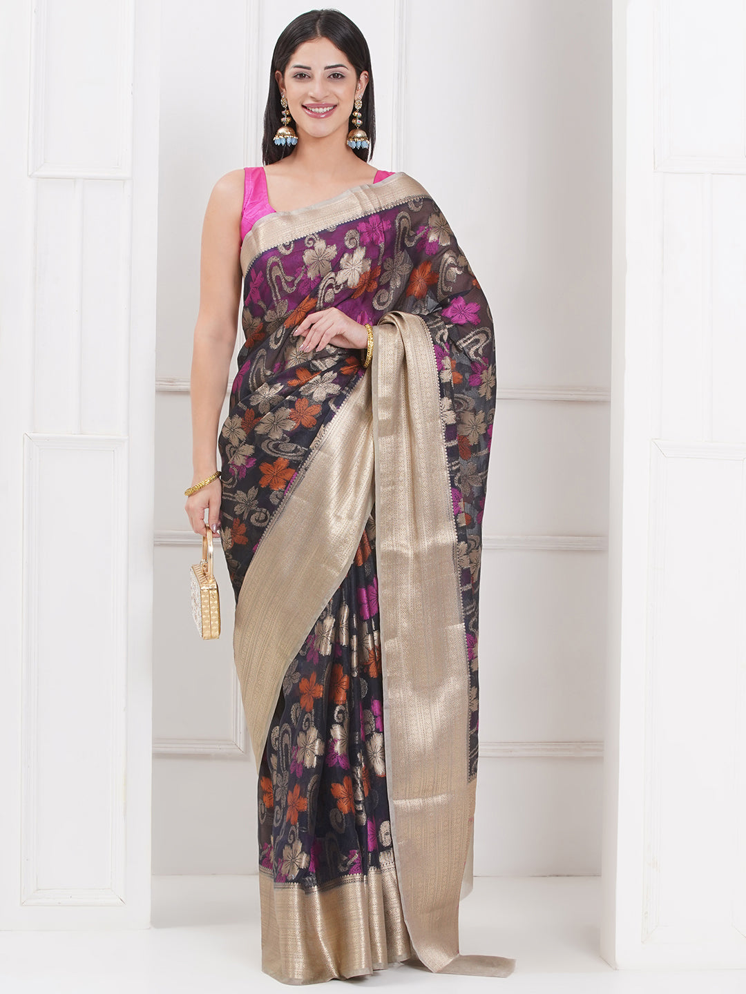 Banarasi Organza Saree With Golden Zari Border - Black