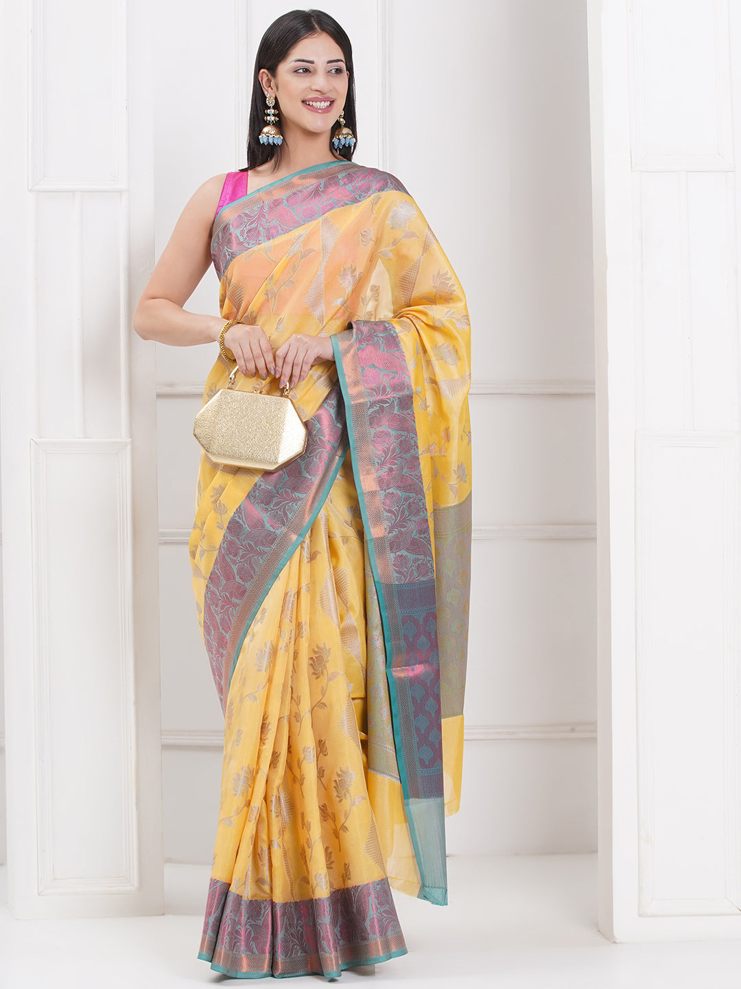 Banarasi Silk Blend Broad Border Saree – Golden Yellow