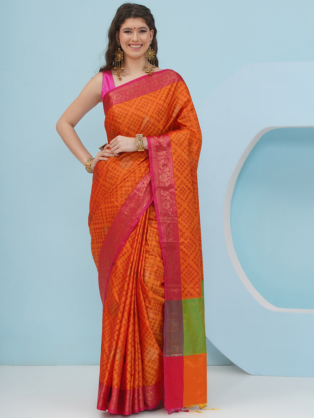 Banarasi Silk Blend Woven Border Saree – Tangerine Orange