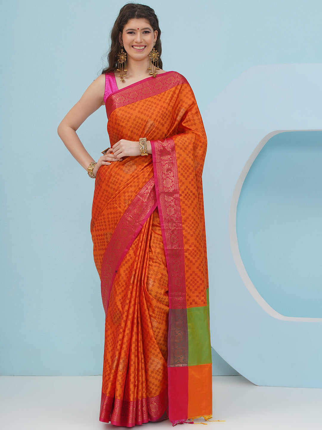 Banarasi Silk Blend Woven Border Saree – Tangerine Orange