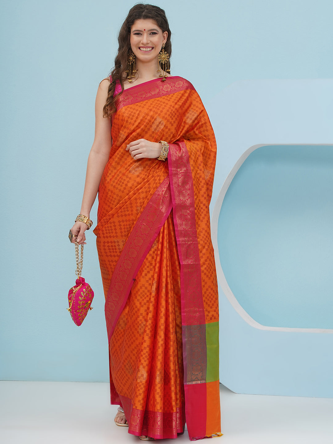 Banarasi Silk Blend Woven Border Saree – Tangerine Orange