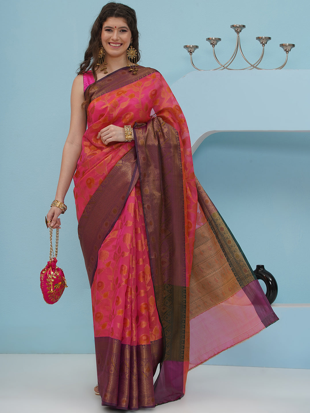 Banarasi Silk Blend Woven Border Saree – Magenta
