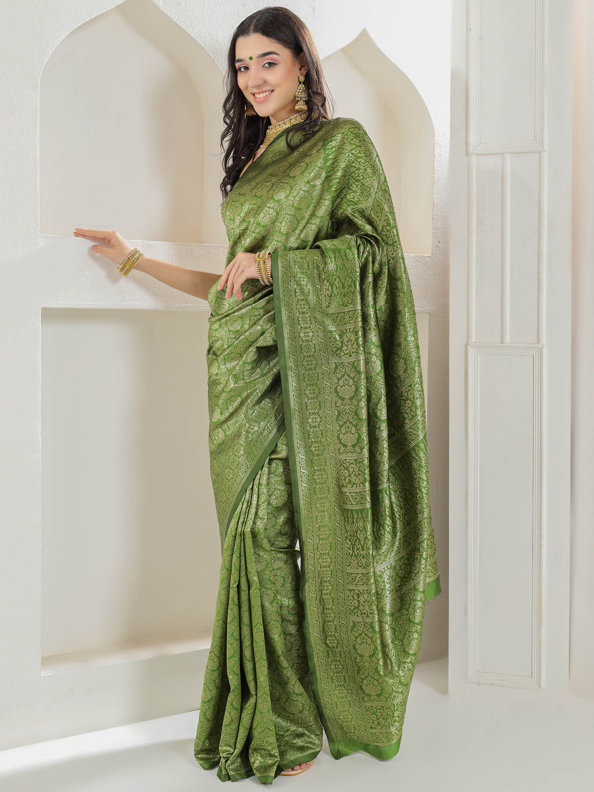 Brocade Silk Saree - Avocado Green