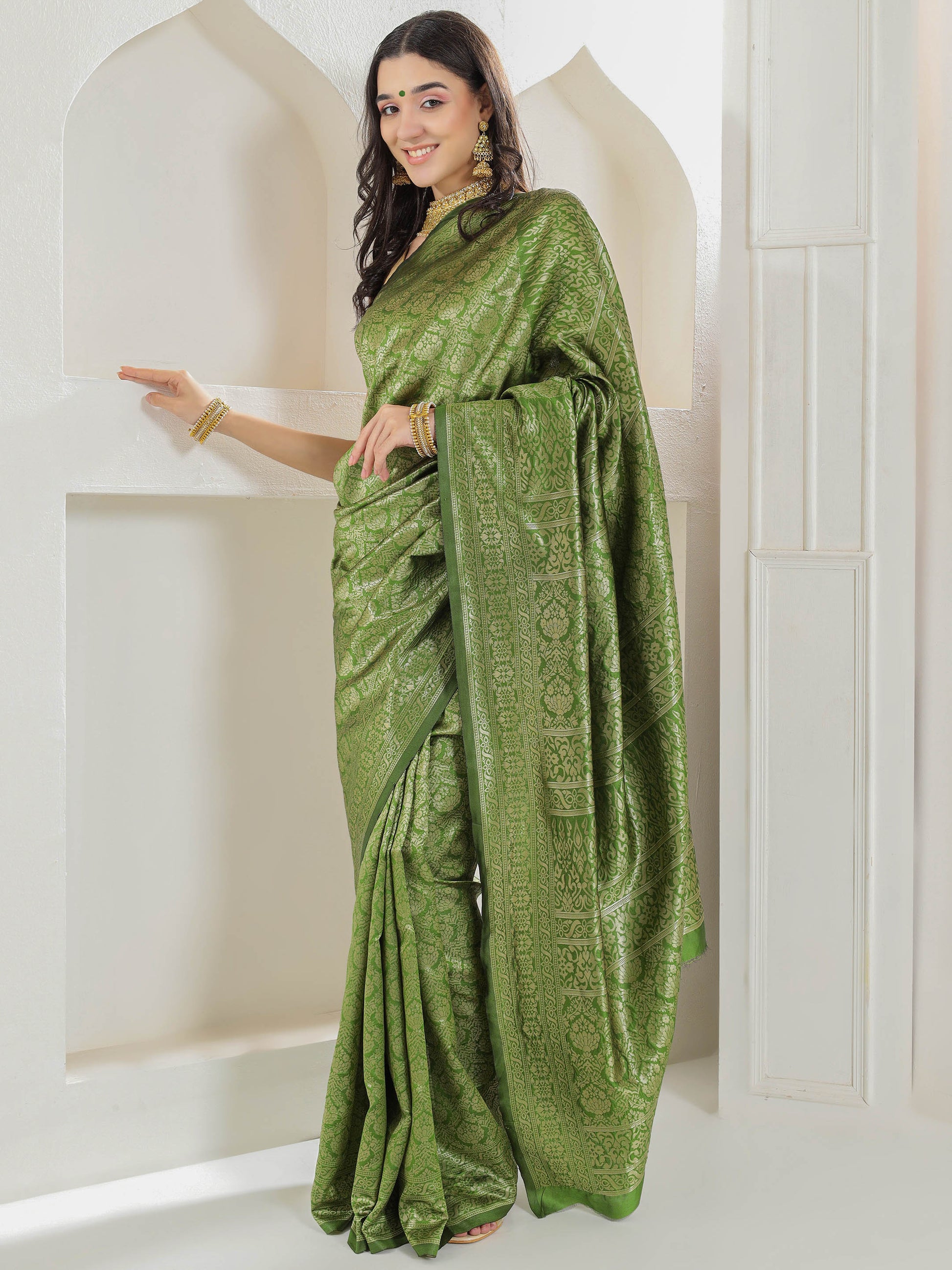 Brocade Silk Saree - Avocado Green