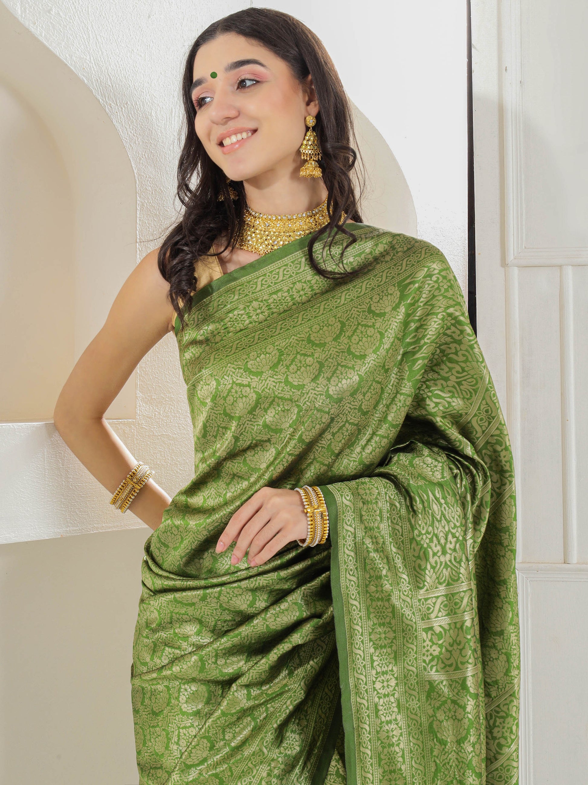 Brocade Silk Saree - Avocado Green