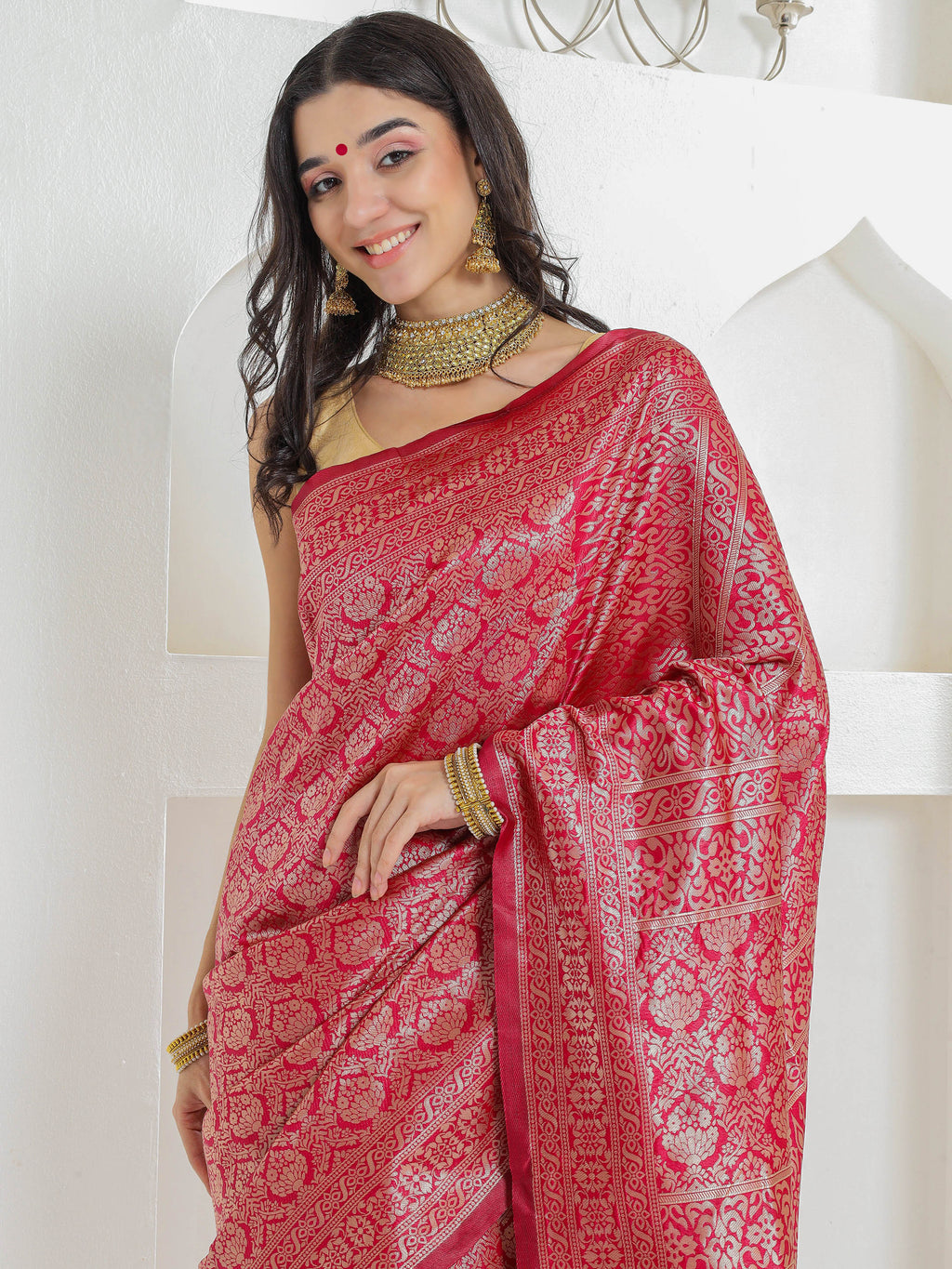 Brocade Silk Saree - Crimson