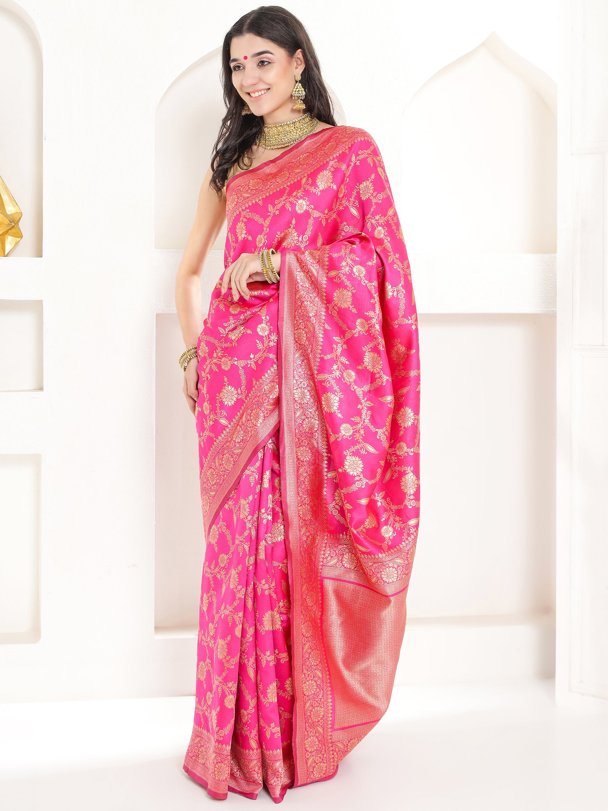 Banarasi Woven Silk Saree - Hot Pink
