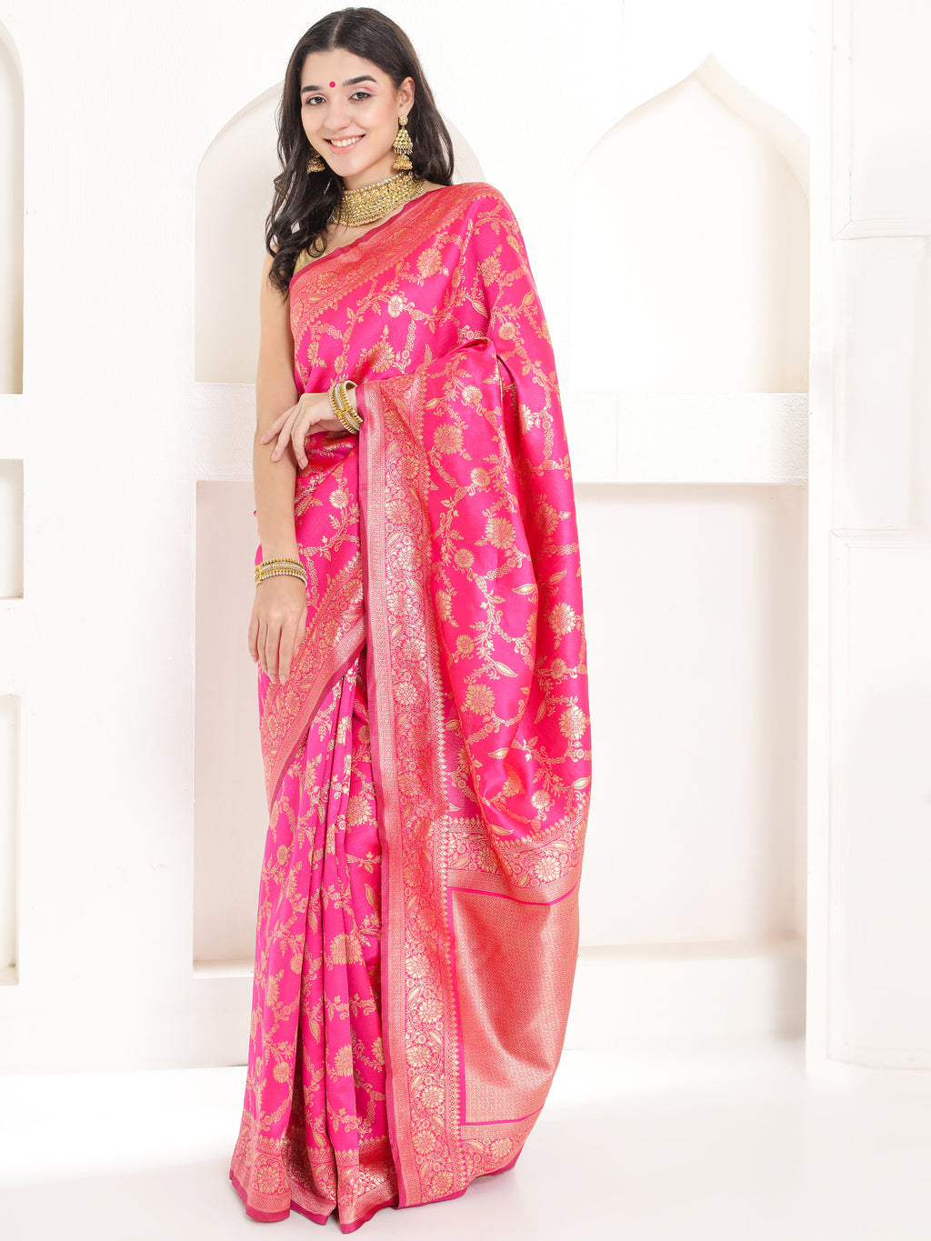 Banarasi Woven Silk Saree - Hot Pink