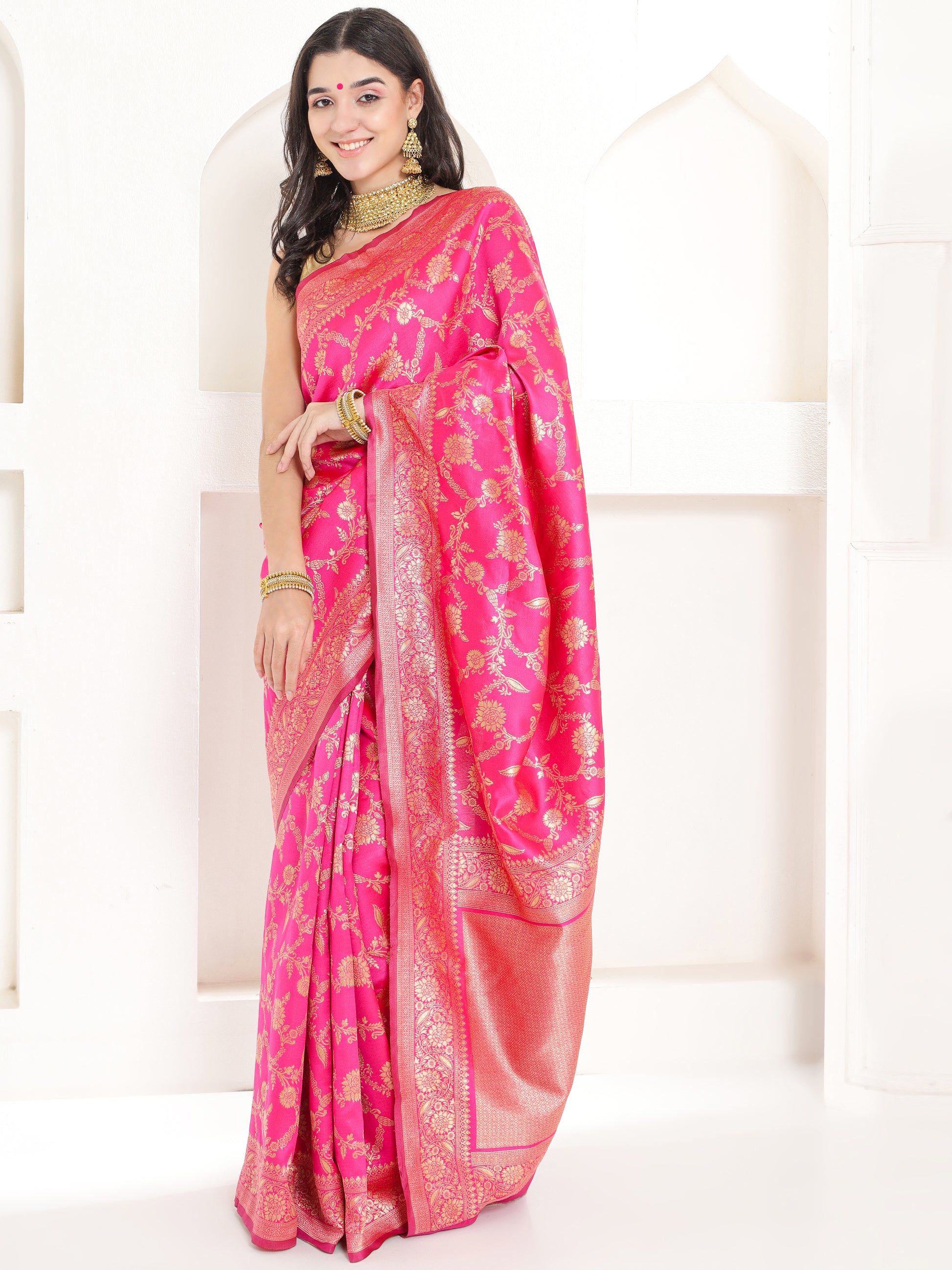 Banarasi Woven Silk Saree - Hot Pink