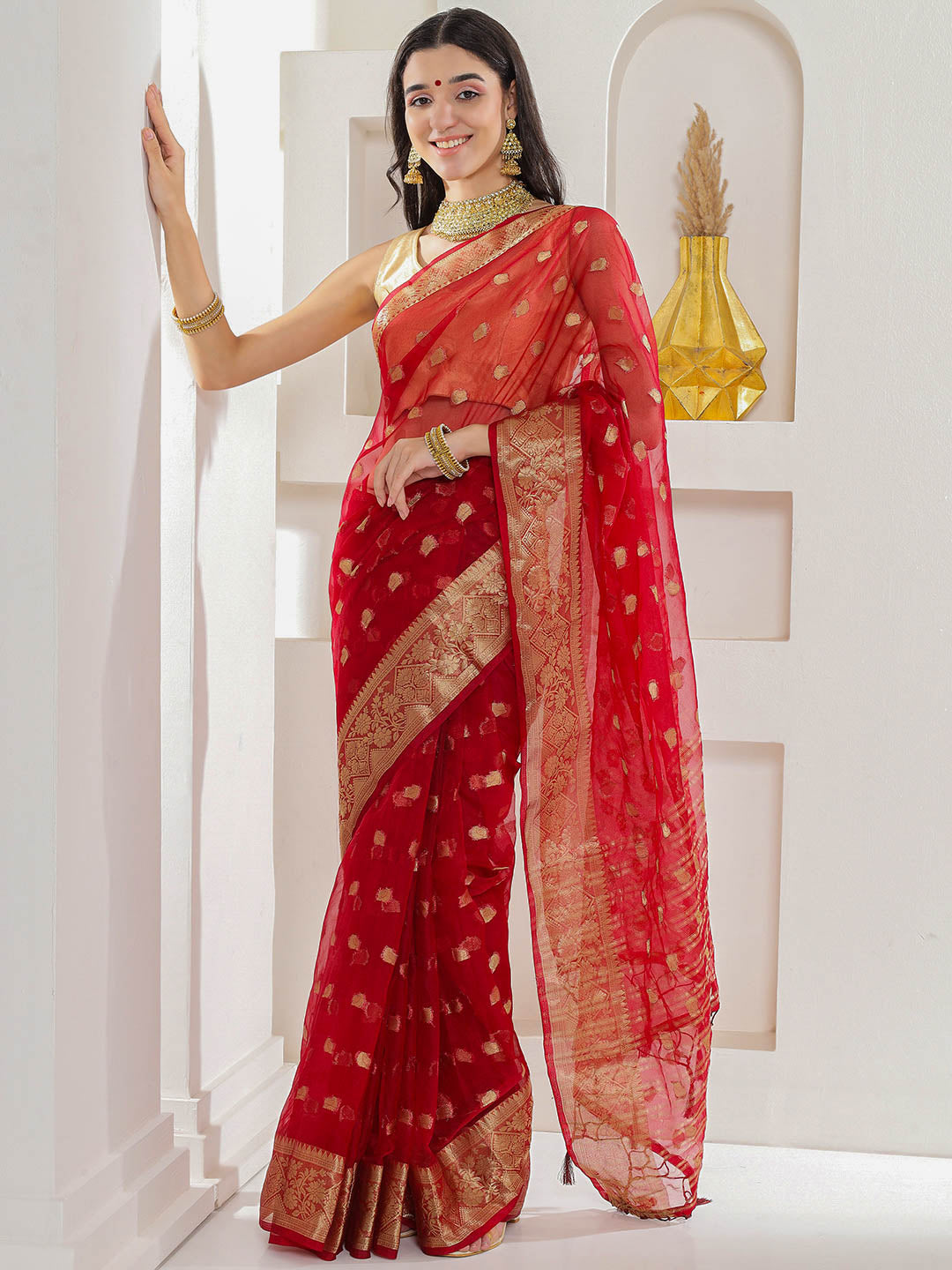 Banarasi Woven Organza Saree - Scarlet Red