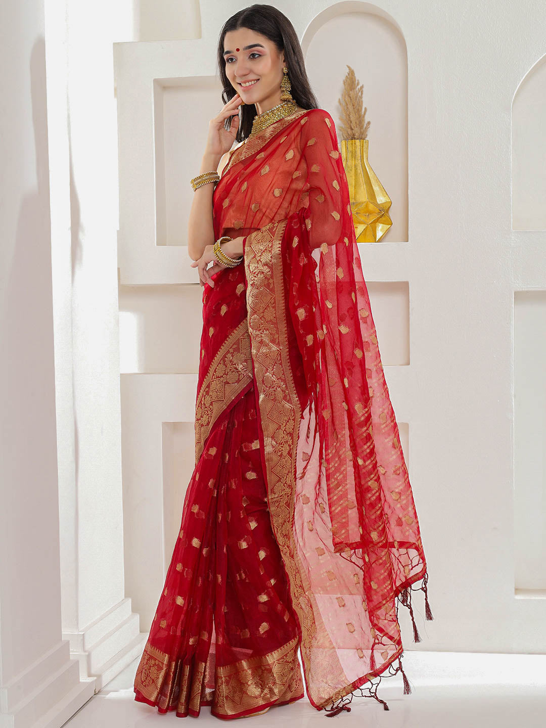 Banarasi Woven Organza Saree - Scarlet Red
