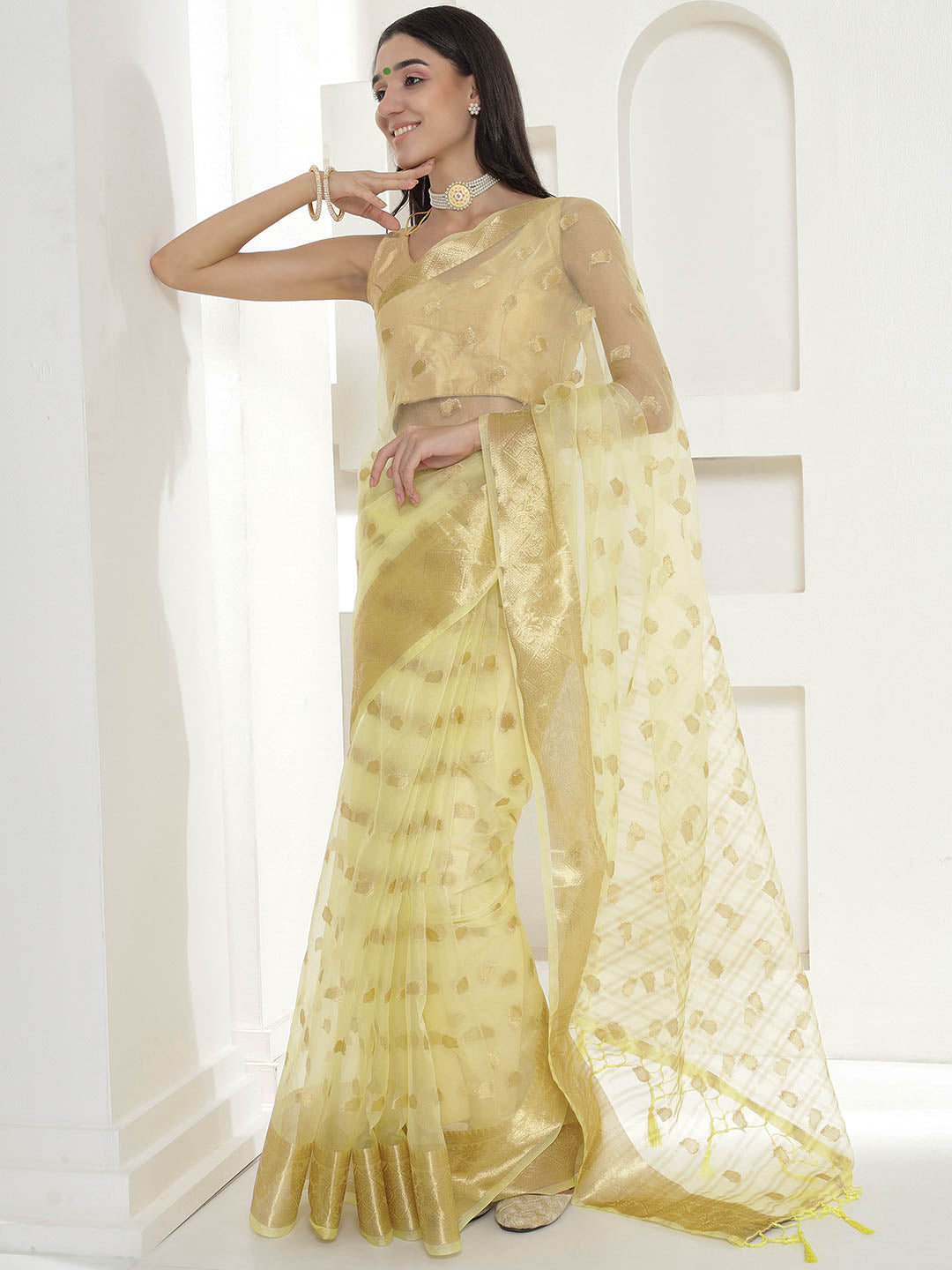 Banarasi Woven Organza Saree - Pale Yellow