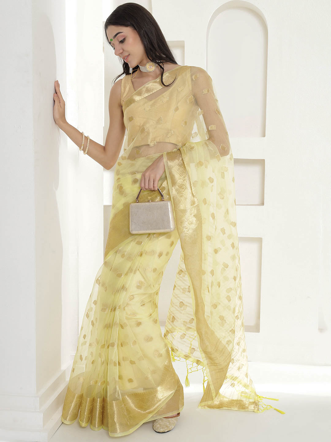 Banarasi Woven Organza Saree - Pale Yellow