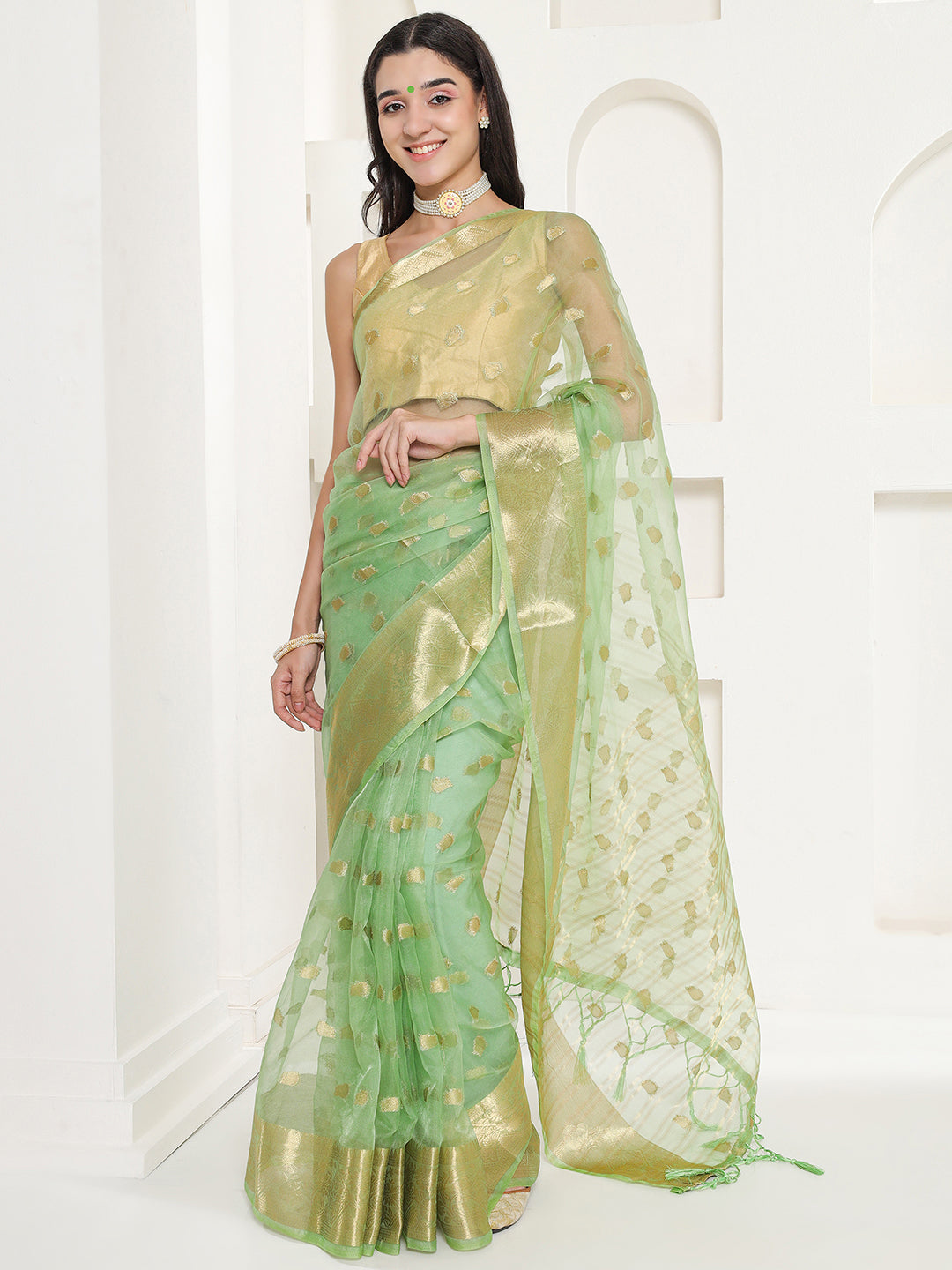 Banarasi Woven Organza Saree - Pistachio Green