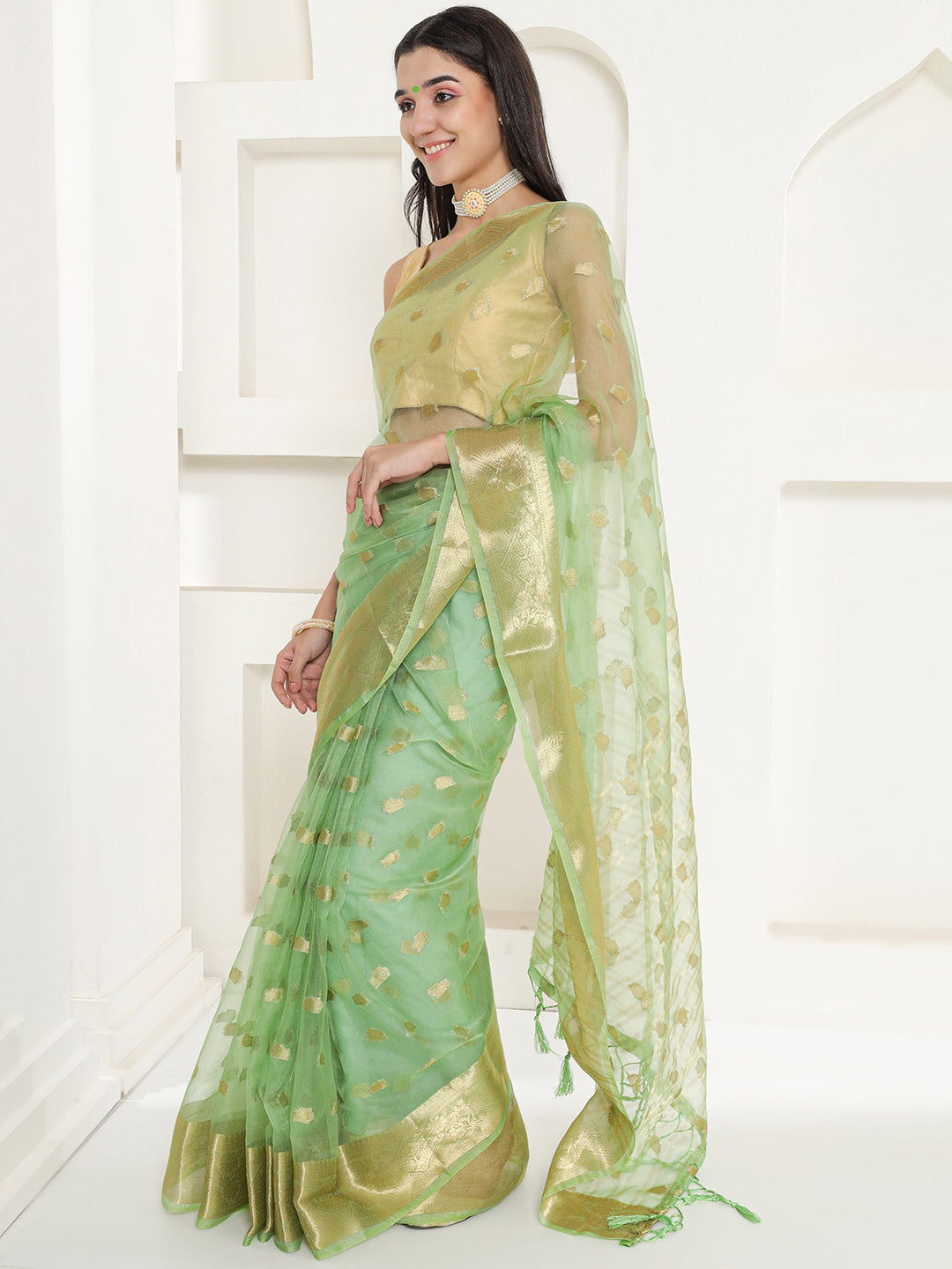 Banarasi Woven Organza Saree - Pistachio Green