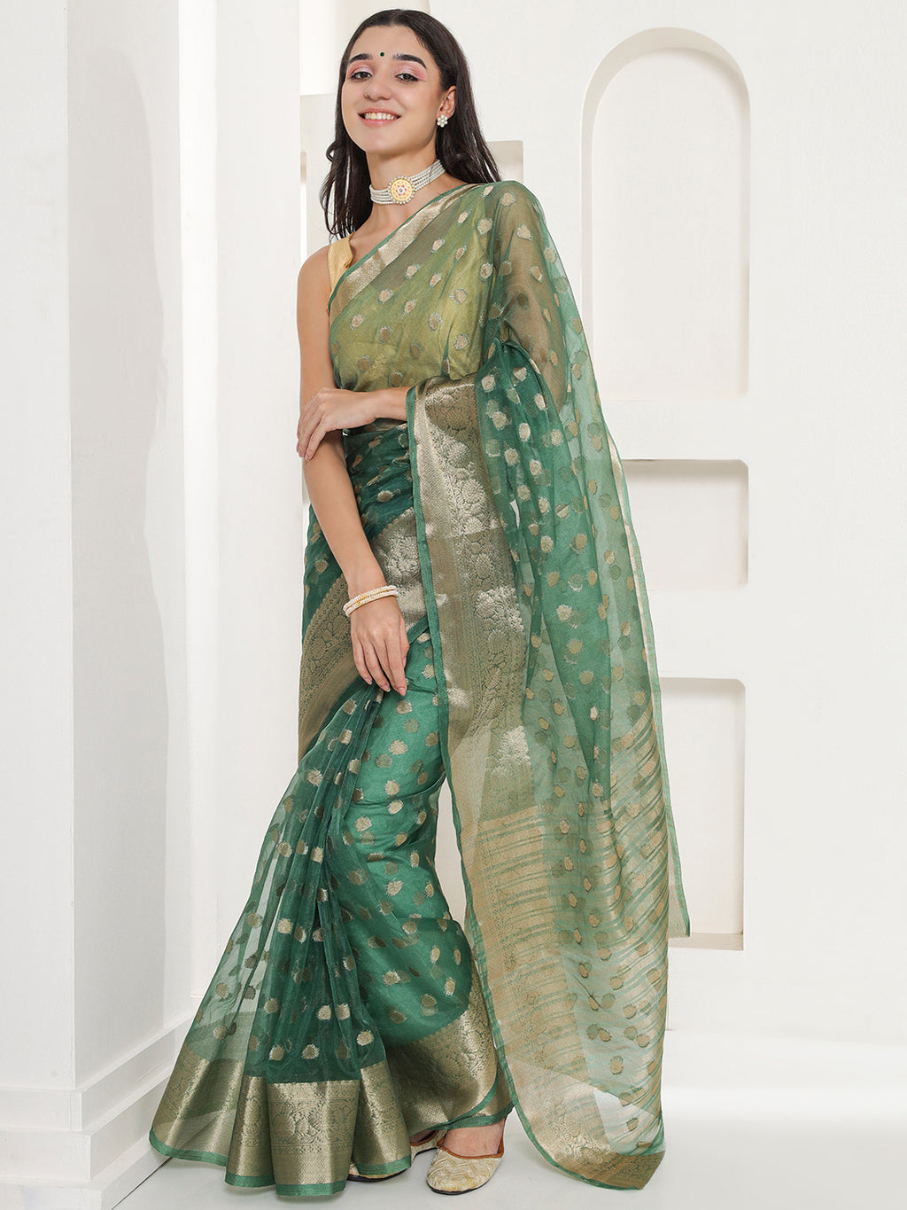 Banarasi Woven Organza Saree - Sacramento Green