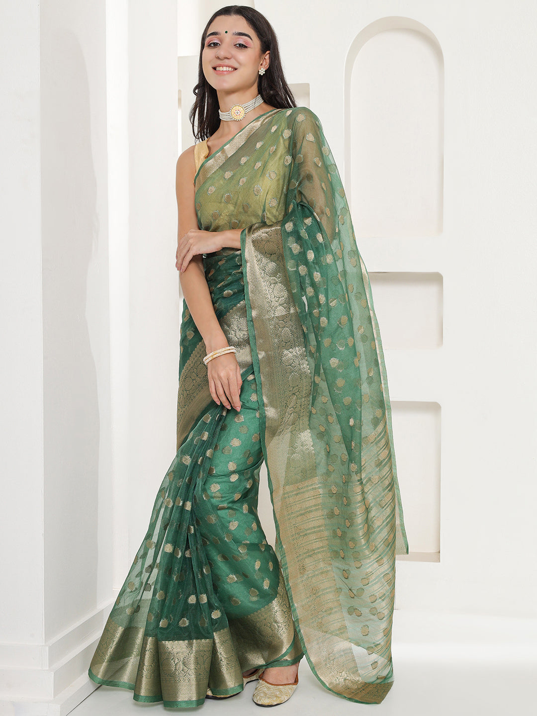 Banarasi Woven Organza Saree - Sacramento Green