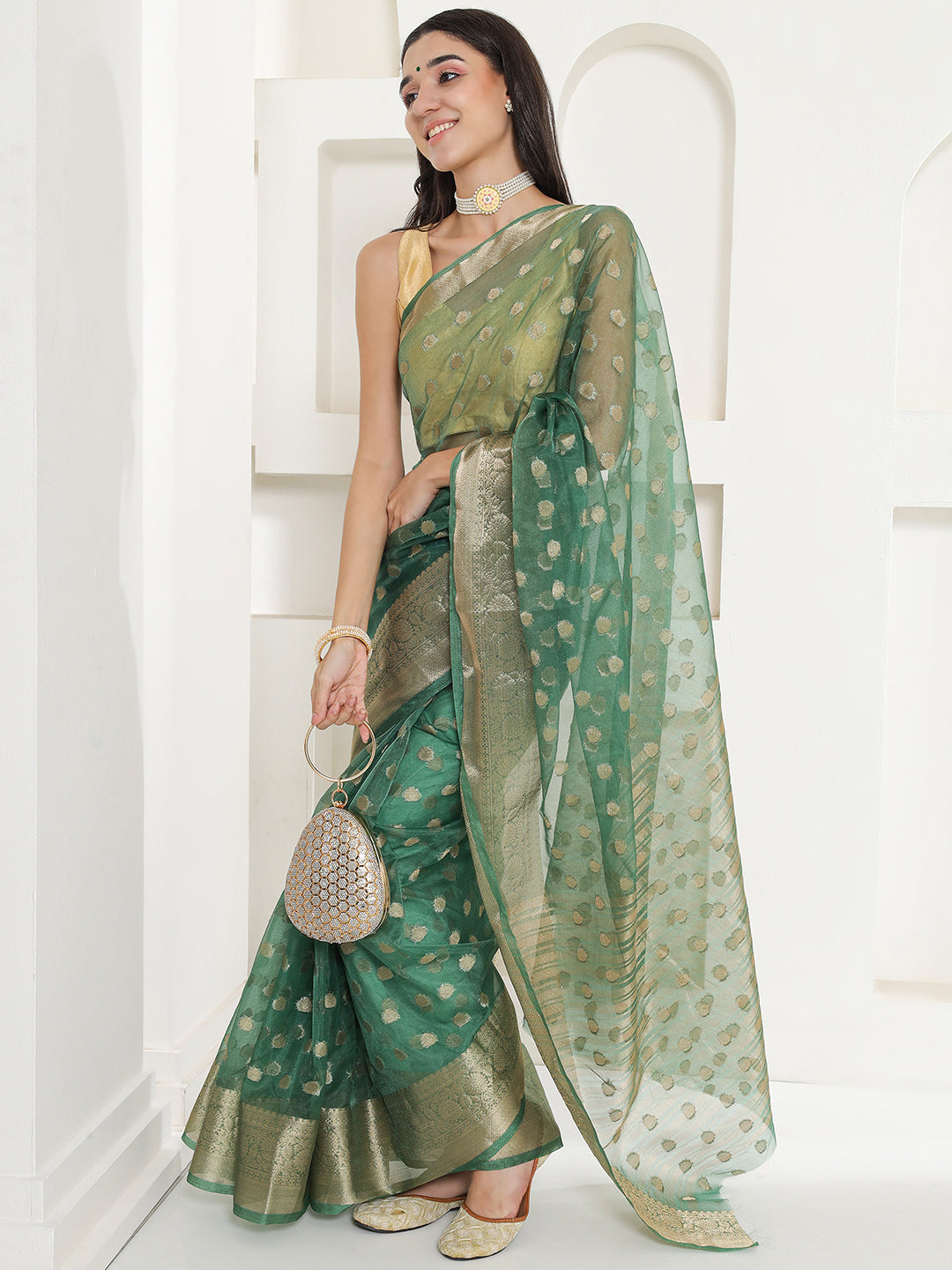 Banarasi Woven Organza Saree - Sacramento Green