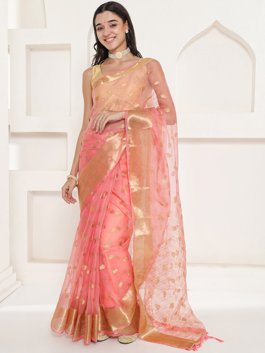 Banarasi Woven Organza Saree - Peach