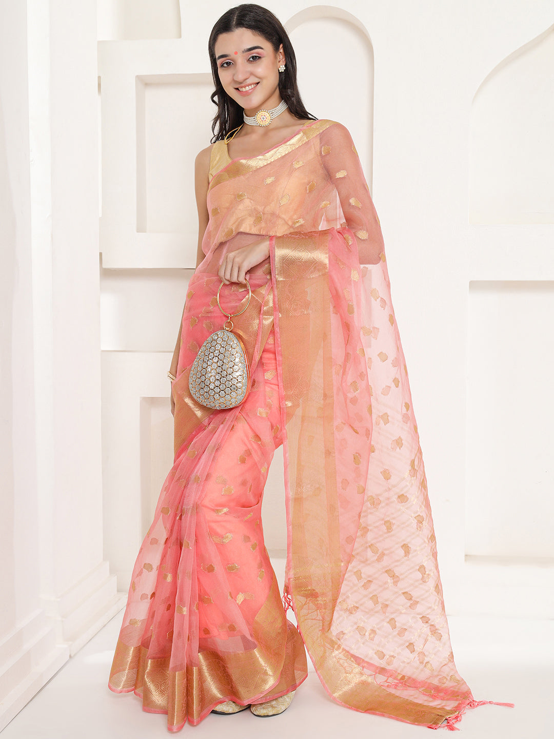 Banarasi Woven Organza Saree - Peach