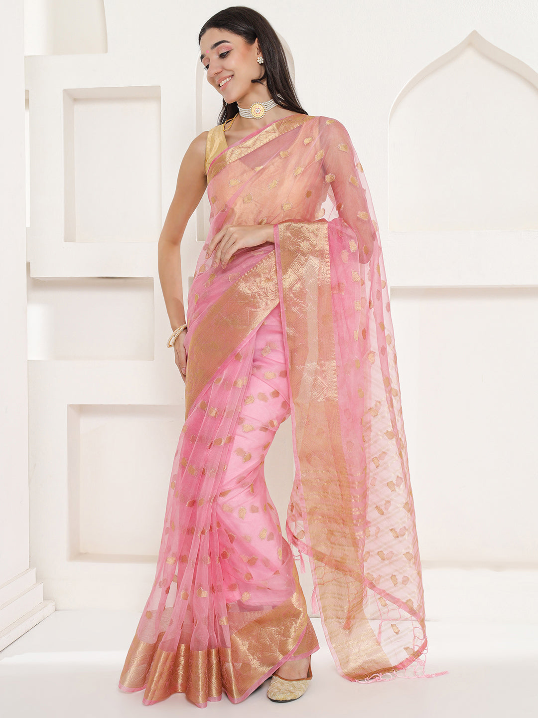Banarasi Woven Organza Saree - Flamingo Pink