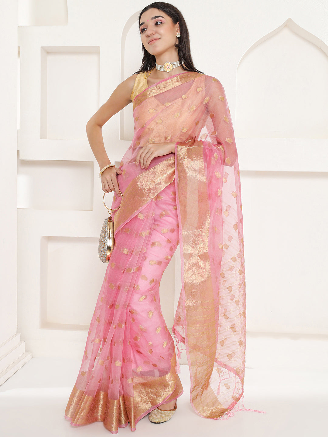 Banarasi Woven Organza Saree - Flamingo Pink