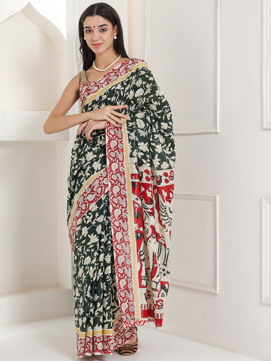 Ajrakh Print Cotton Saree - Verdant Green