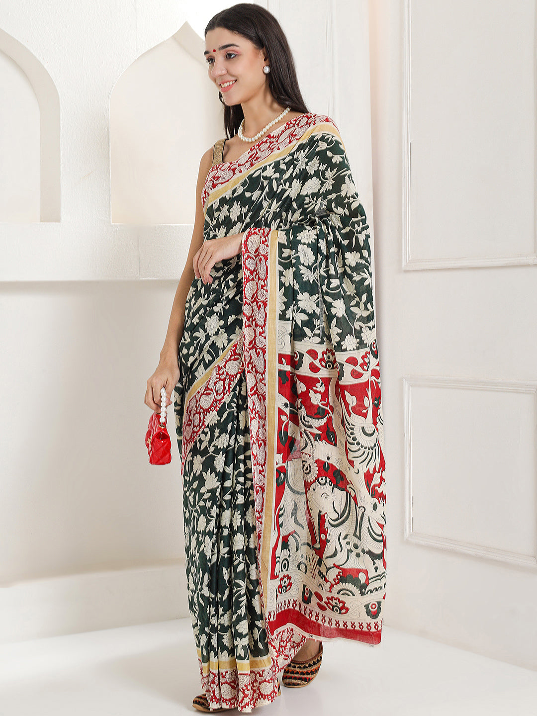 Ajrakh Print Cotton Saree - Verdant Green