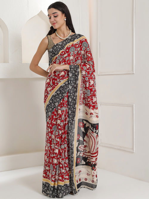 Ajrakh Print Cotton Saree - Deep Red