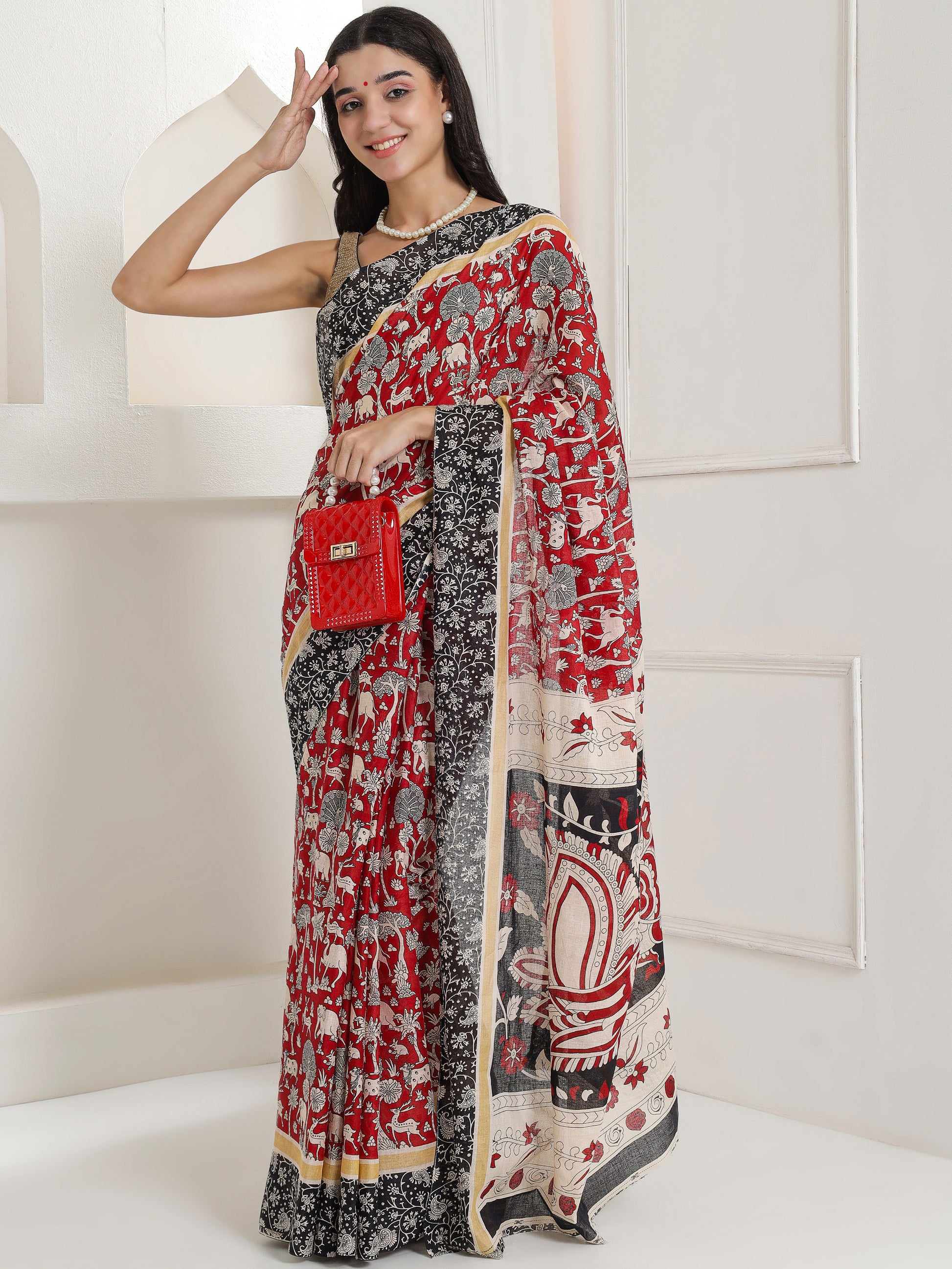 Ajrakh Print Cotton Saree - Deep Red